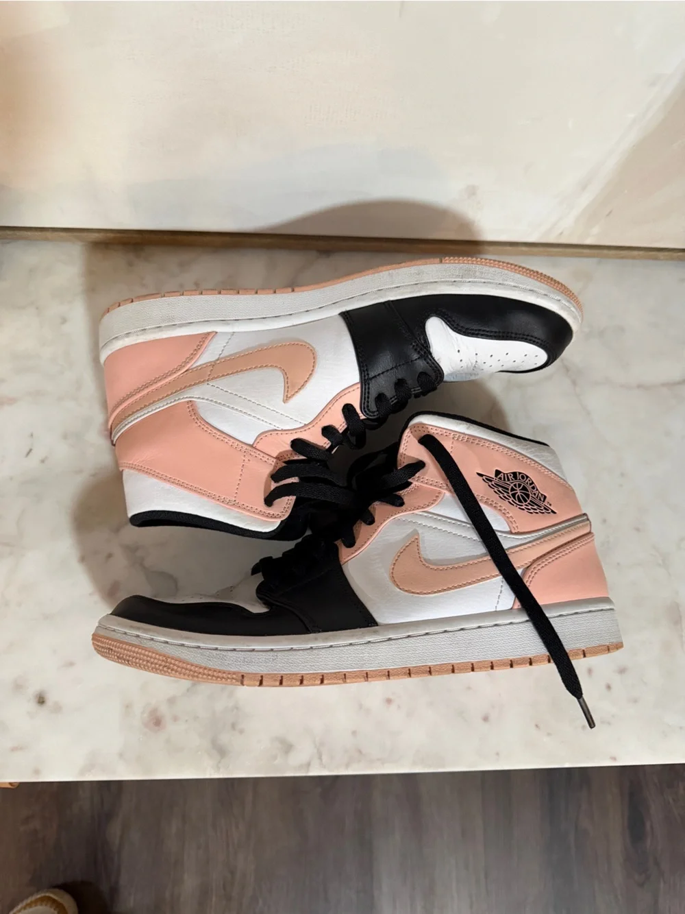 Nike Air Jordan 1 Crimson Tint Mid High-Top Sneakers in Peach, Black & White